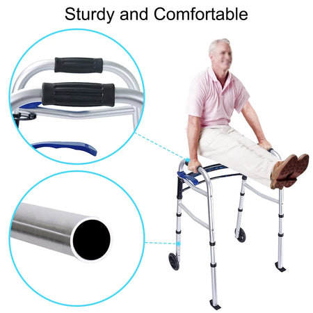 Health Line Massage Products Compact Folding Walker for Seniors, Standard Walker with 5" Wheels and Trigger Release, Mobility Aids Walker Supports up to 350 Lbs (Ski Glides Included)