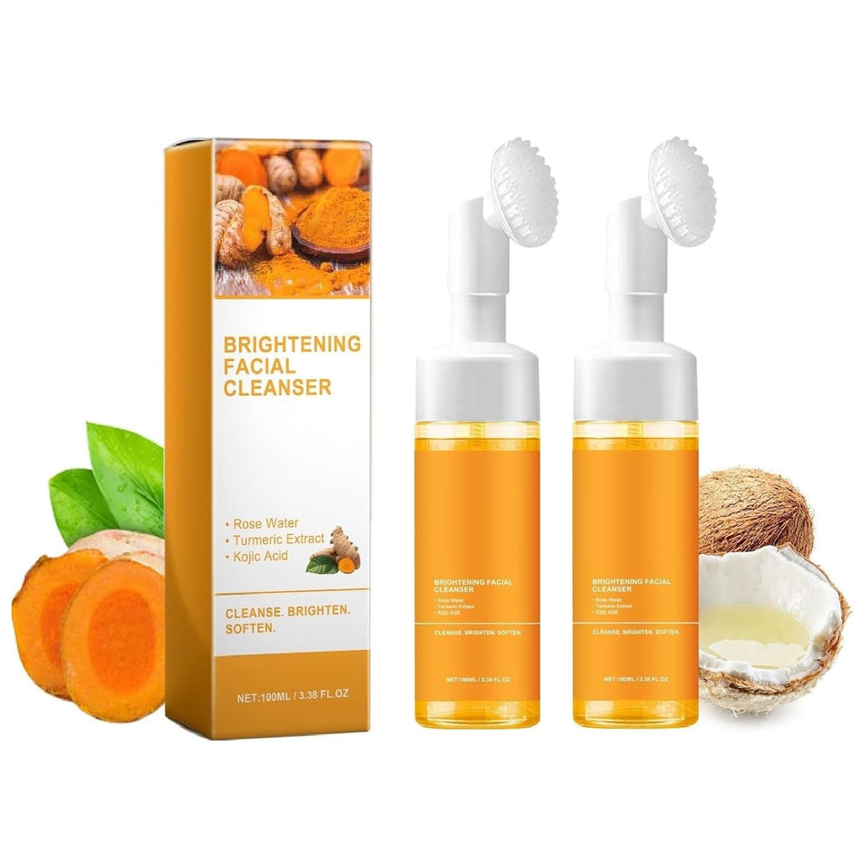 2 Pcs Turmeric Face Wash with Brush, Glow Wash Turmeric Foaming Facial Cleanser Gentle Scrub Deep Exfoliating for Women and Man.