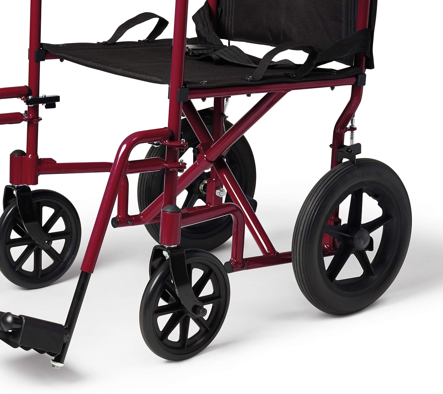 Lightweight Foldable Transport Wheelchair with Handbrakes and 12-Inch Wheels, Red Frame, Black Upholstery