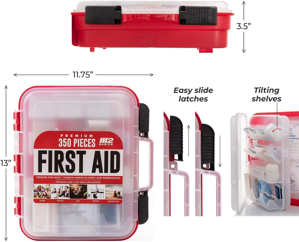 Professional 350 Piece Emergency First Aid Kit | Business & Home Medical Supplies | Hard Case, Dual Layer, Wall Mountable | Office, Car, School, Camping, Hunting, Sports