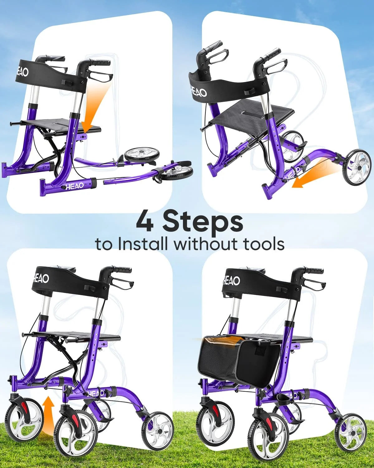 Rollator Walker for Seniors,10" Wheels Walker with Cup Holder,Padded Backrest and Compact Folding Design,Lightweight Mobility Walking Aid with Seat,Purple