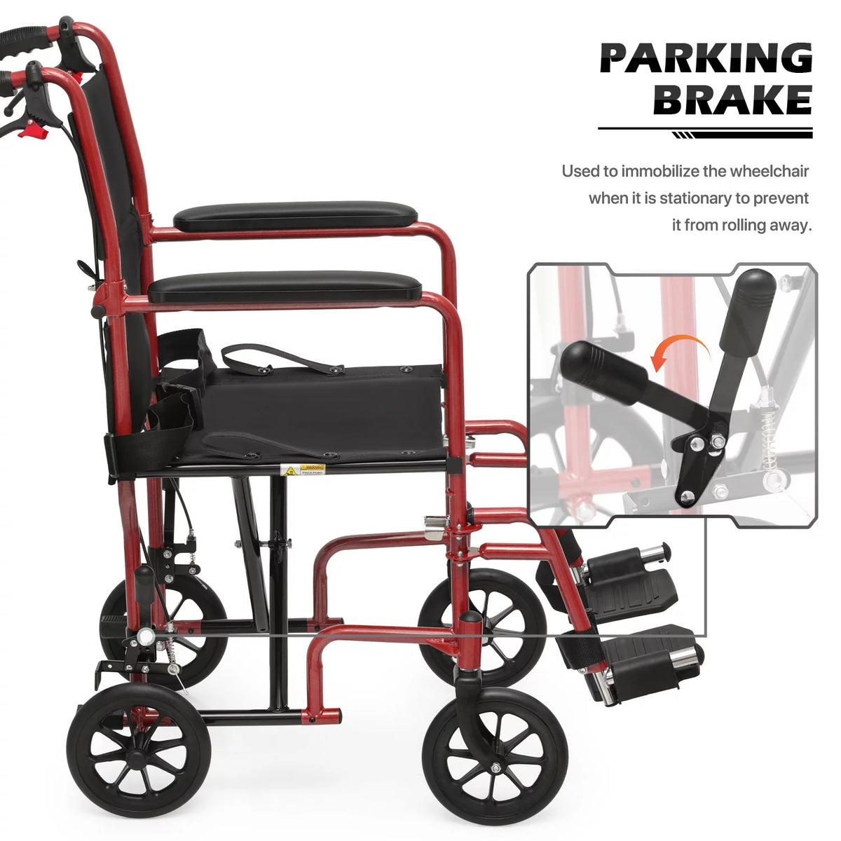 *FDA APPROVED* Transport Wheelchair with Flip Back Backrest & Swing-Away Footrests, Folding Transport Chair with Hand Brake, 250Lbs Weight Capacity, Red