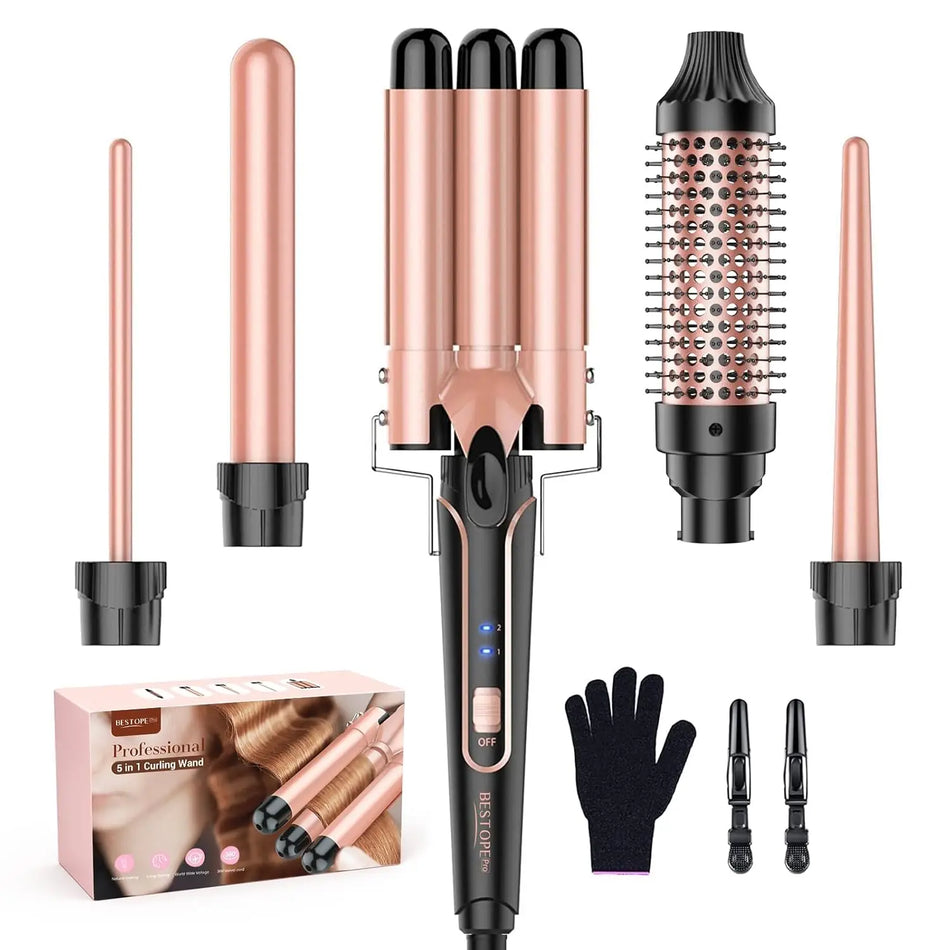 BESTOPE PRO Waver Curling Iron Wand 5 in 1 Set with 3 Barrel Hair Crimper