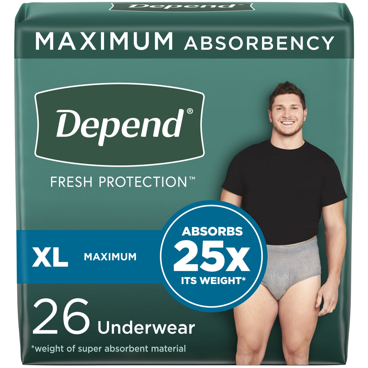 Fresh Protection Adult Incontinence Underwear for Men, Maximum, XL, Grey, 26 Count