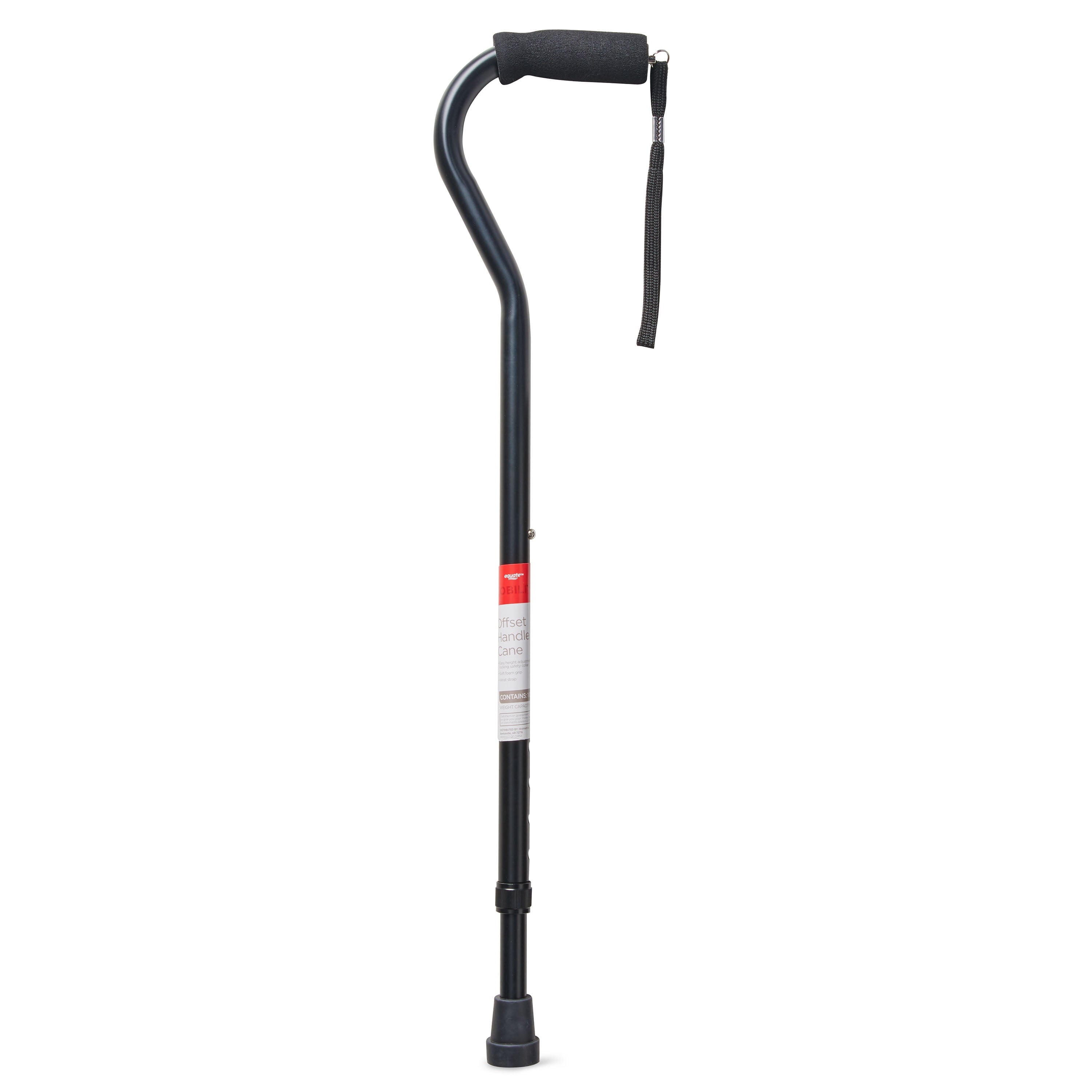 Mobility Aluminum Offset Handle Cane with Foam Handle, Adjustable Height, Black