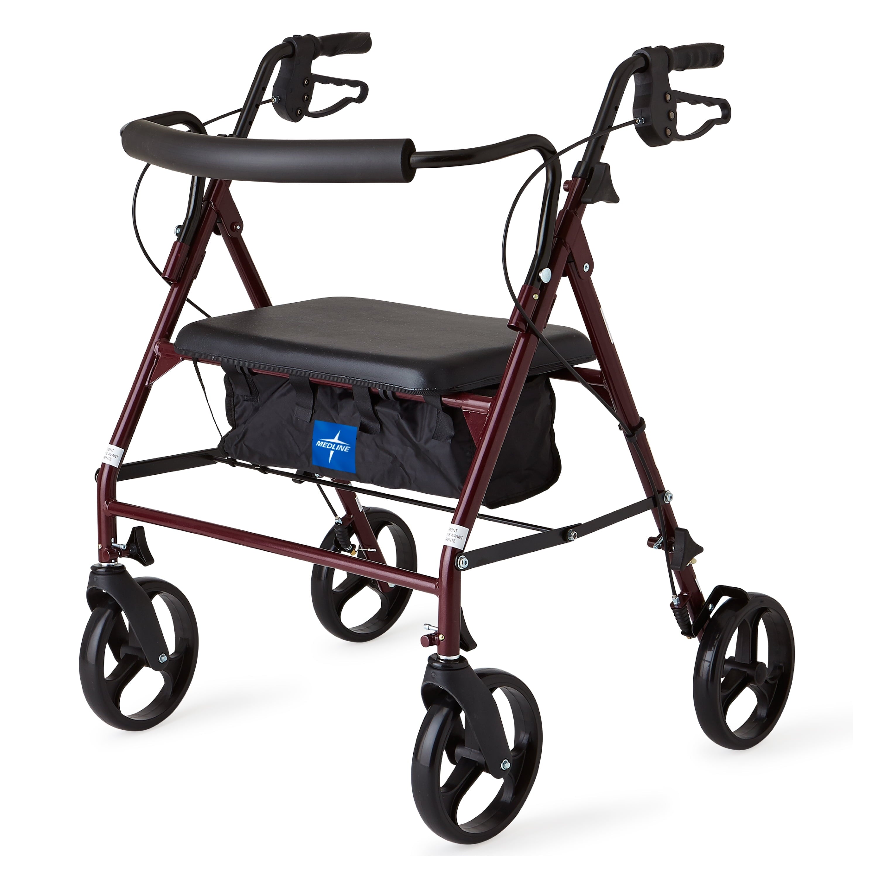 Steel Bariatric Rollator Walker with Adjustable Handles, Padded Seat & Backrest, Burgundy, 500 Lb. Weight Capacity, Foldable, 8" Wheels