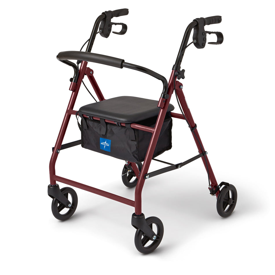 Steel Rollator Walker for Adult Mobility Impairment, Burgundy, 350 Lb. Weight Capacity, 6” Wheels, Foldable, Adjustable Handles, Rolling Walker for Seniors