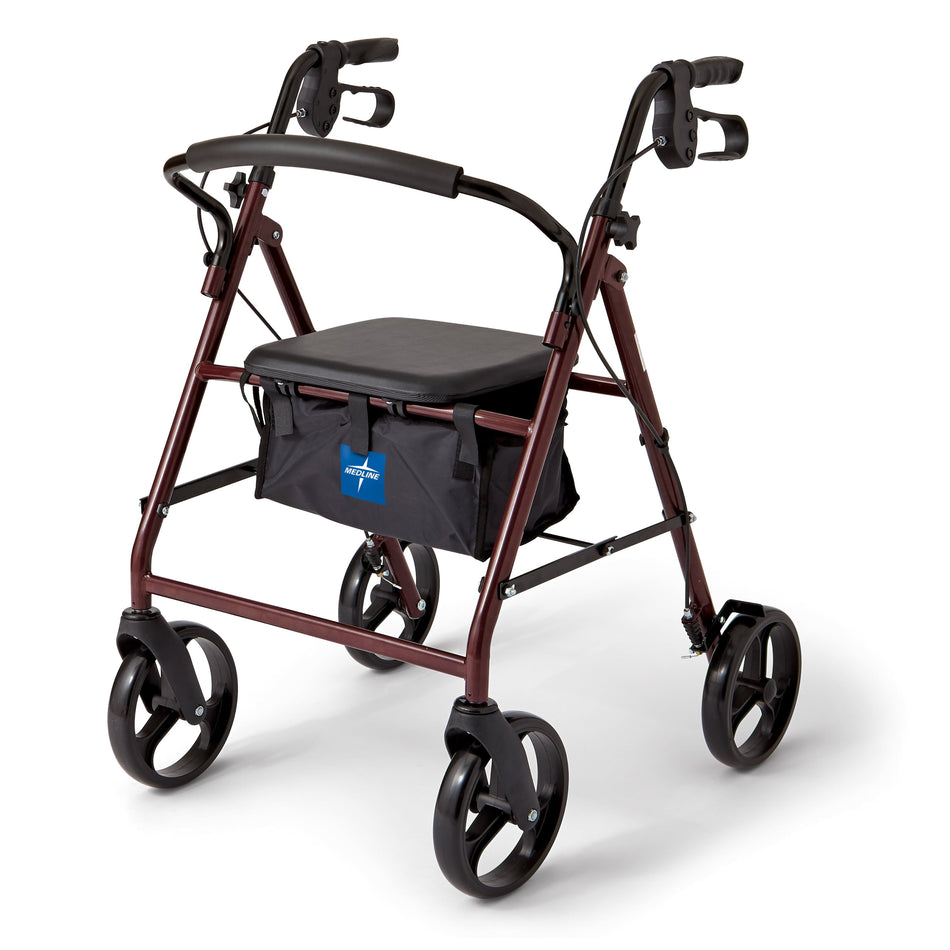 Steel Rollator Walker for Adult, Burgundy, 350 Lb. Weight Capacity, 8” Wheels, Foldable, Adjustable Handles