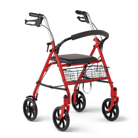 Steel Rollator Walker with Seat, Red, 300 Lb. Weight Capacity, 8” Wheels, Foldable, Adjustable Handles