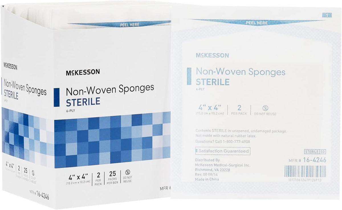 Non-Woven Sponges, Sterile, 6-Ply, Polyester/Rayon, 4 in X 4 In, 2 per Pack, 25 Packs, 50 Total