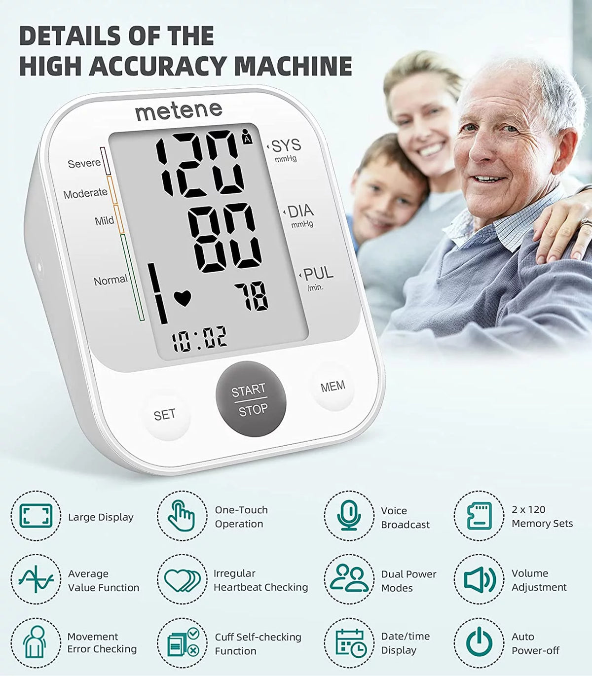 Upper Arm Blood Pressure Monitor with Speaker, 2 Users, 240 Recordings, Large Cuff, Large Display Screen