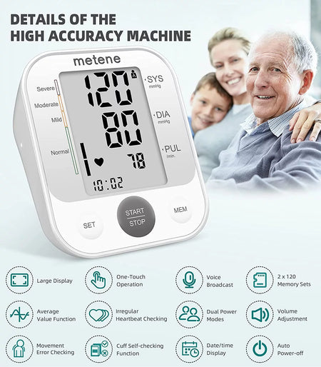 Upper Arm Blood Pressure Monitor with Speaker, 2 Users, 240 Recordings, Large Cuff, Large Display Screen