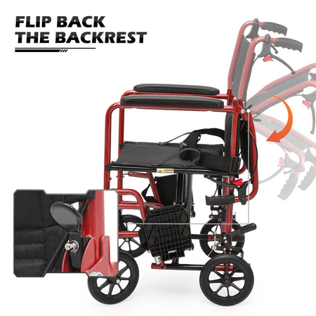 *FDA APPROVED* Transport Wheelchair with Flip Back Backrest & Swing-Away Footrests, Folding Transport Chair with Hand Brake, 250Lbs Weight Capacity, Red