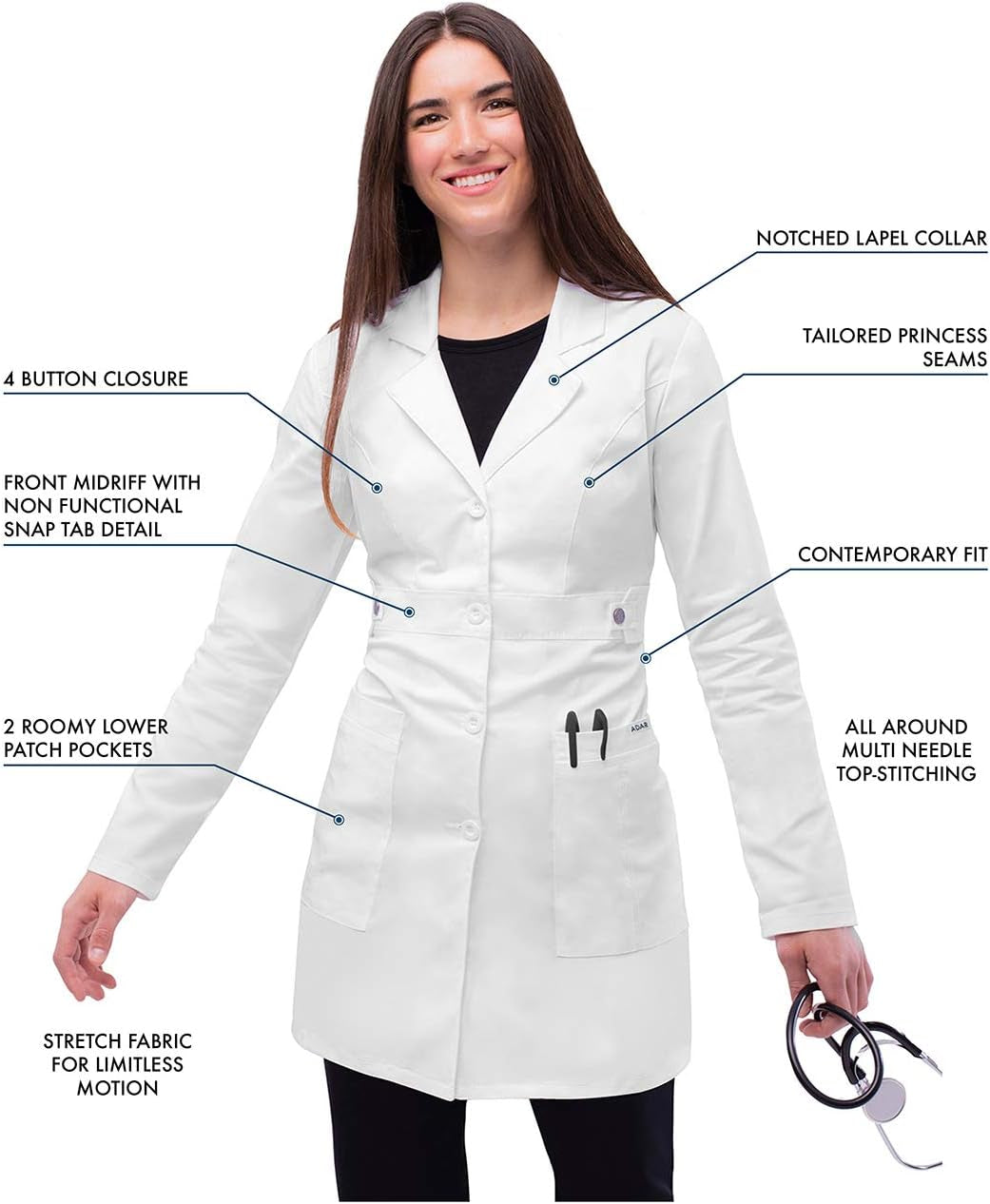 Adar Universal Stretch Lab Coat for Women - 36" Tab-Waist Lab Coat