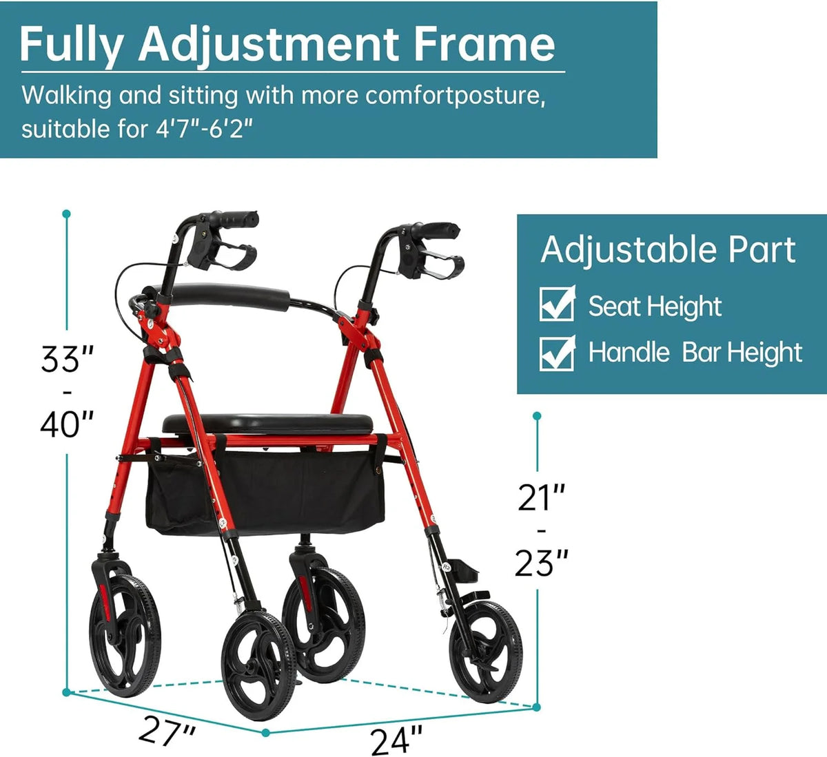 Mobility Rollator Walker with 10" Wheels, Adjustable Seat and Arms, Red