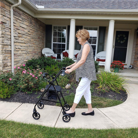 Aluminium Step N Rest Rollator Walker, Padded Seat, 6" Wheels, Backrest, Storage Pouch, Blue