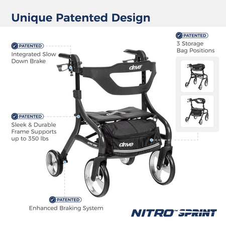 Nitro Sprint Rollator Rolling Walker, Hemi Height, Black