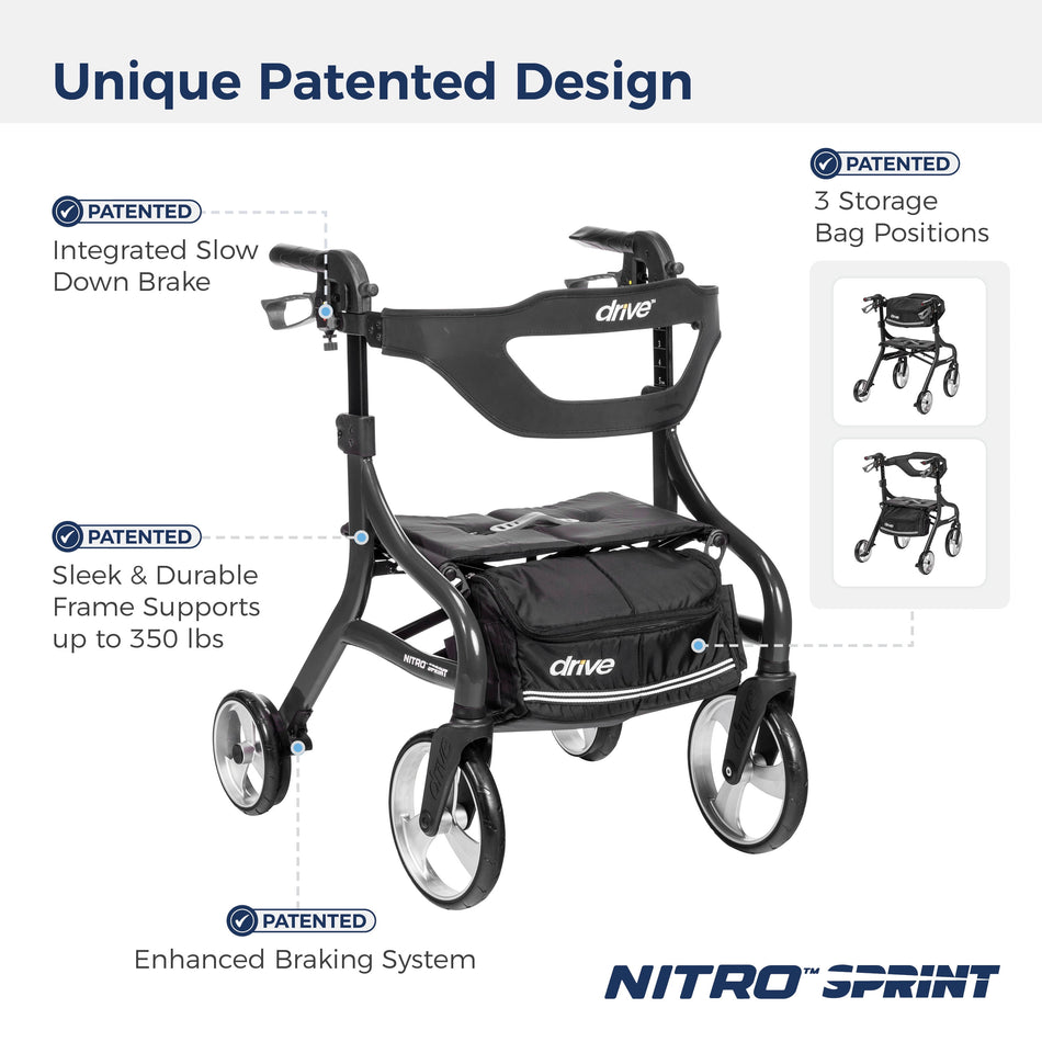 Nitro Sprint Rollator Rolling Walker, Hemi Height, Black