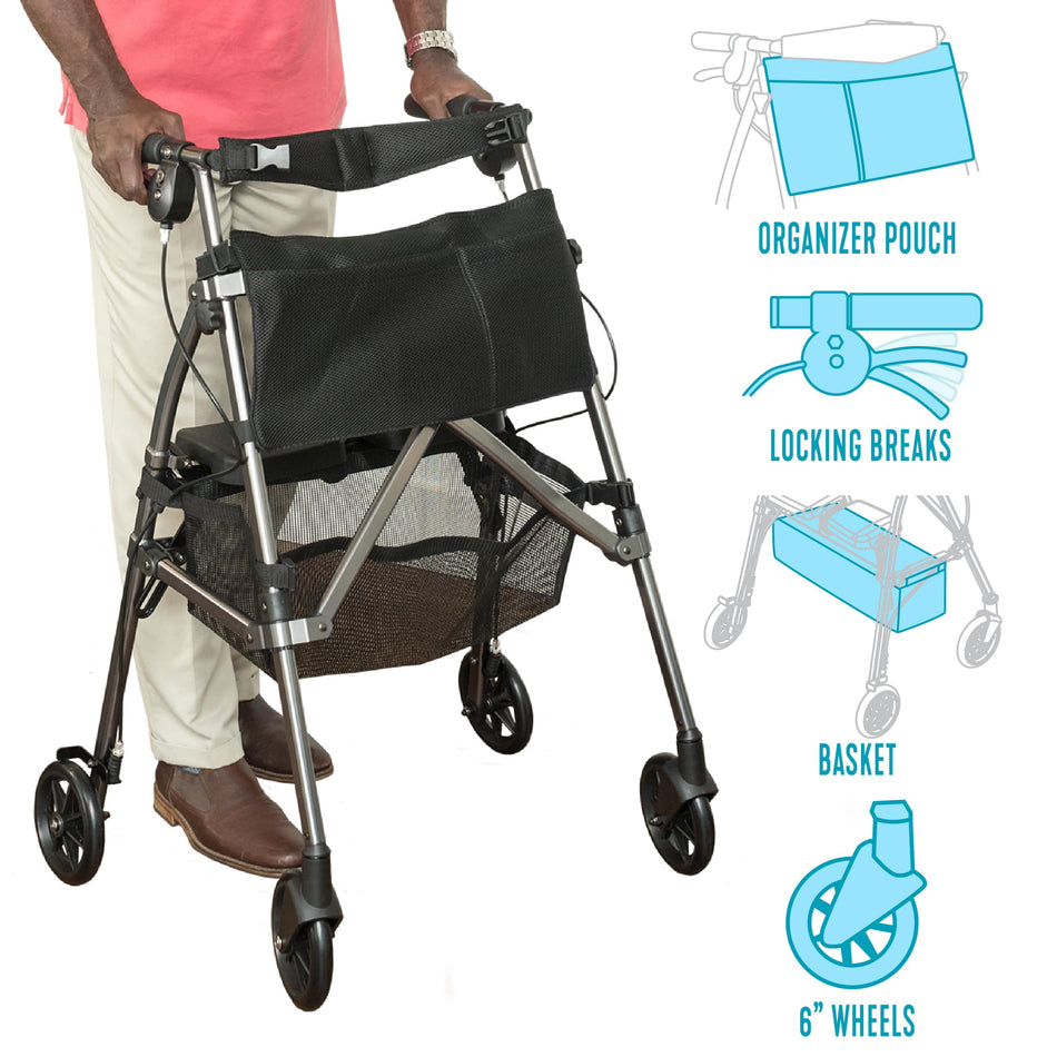 EZ Fold-N-Go Rollator for Seniors, Lightweight Rolling Walker with Seat and Wheels, Blue