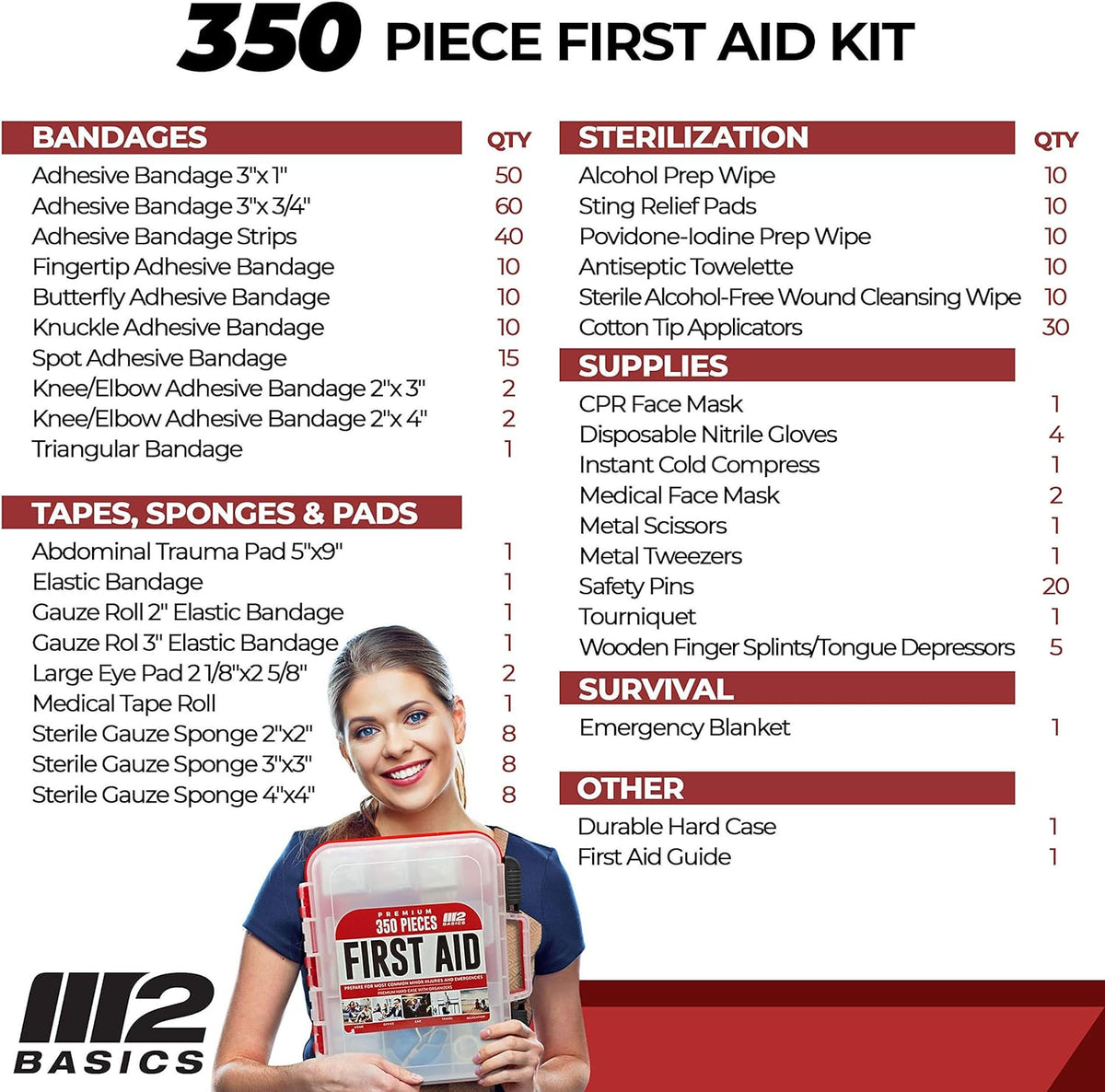 Professional 350 Piece Emergency First Aid Kit | Business & Home Medical Supplies | Hard Case, Dual Layer, Wall Mountable | Office, Car, School, Camping, Hunting, Sports