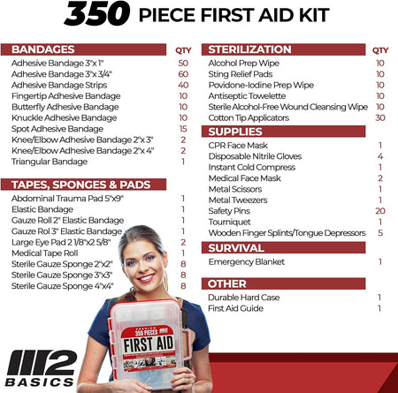 Professional 350 Piece Emergency First Aid Kit | Business & Home Medical Supplies | Hard Case, Dual Layer, Wall Mountable | Office, Car, School, Camping, Hunting, Sports