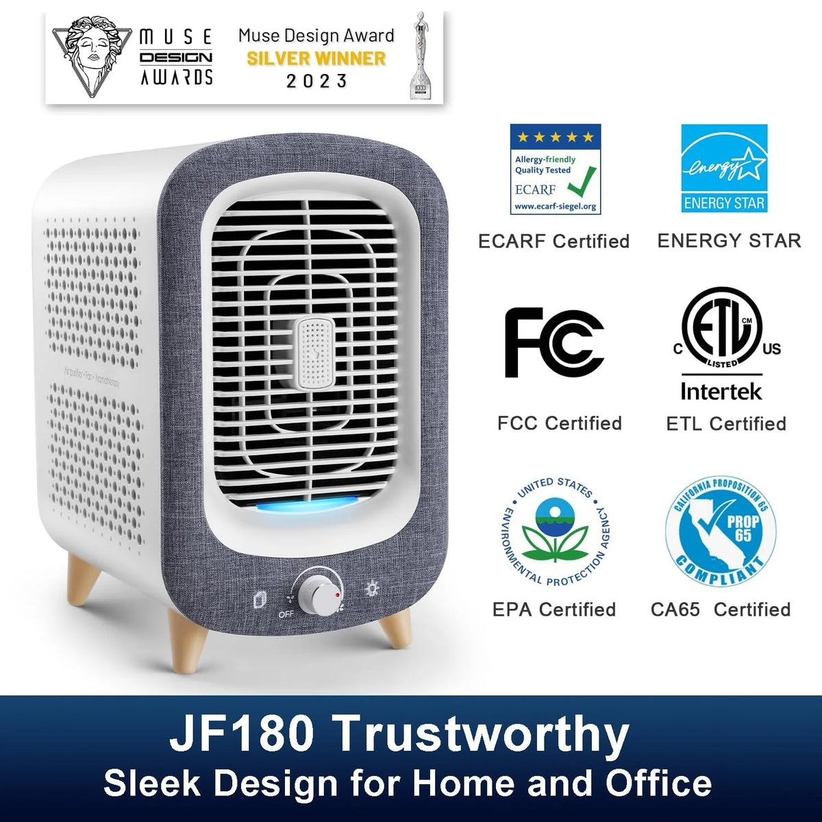 JF180 Air Purifiers for Bedroom Home HEPA Air Cleaner 780Sq.Ft with Aromatherapy Gray