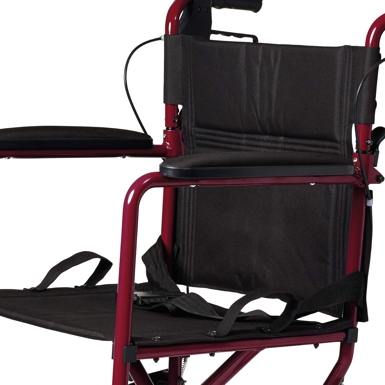 Lightweight Foldable Transport Wheelchair with Handbrakes and 12-Inch Wheels, Red Frame, Black Upholstery