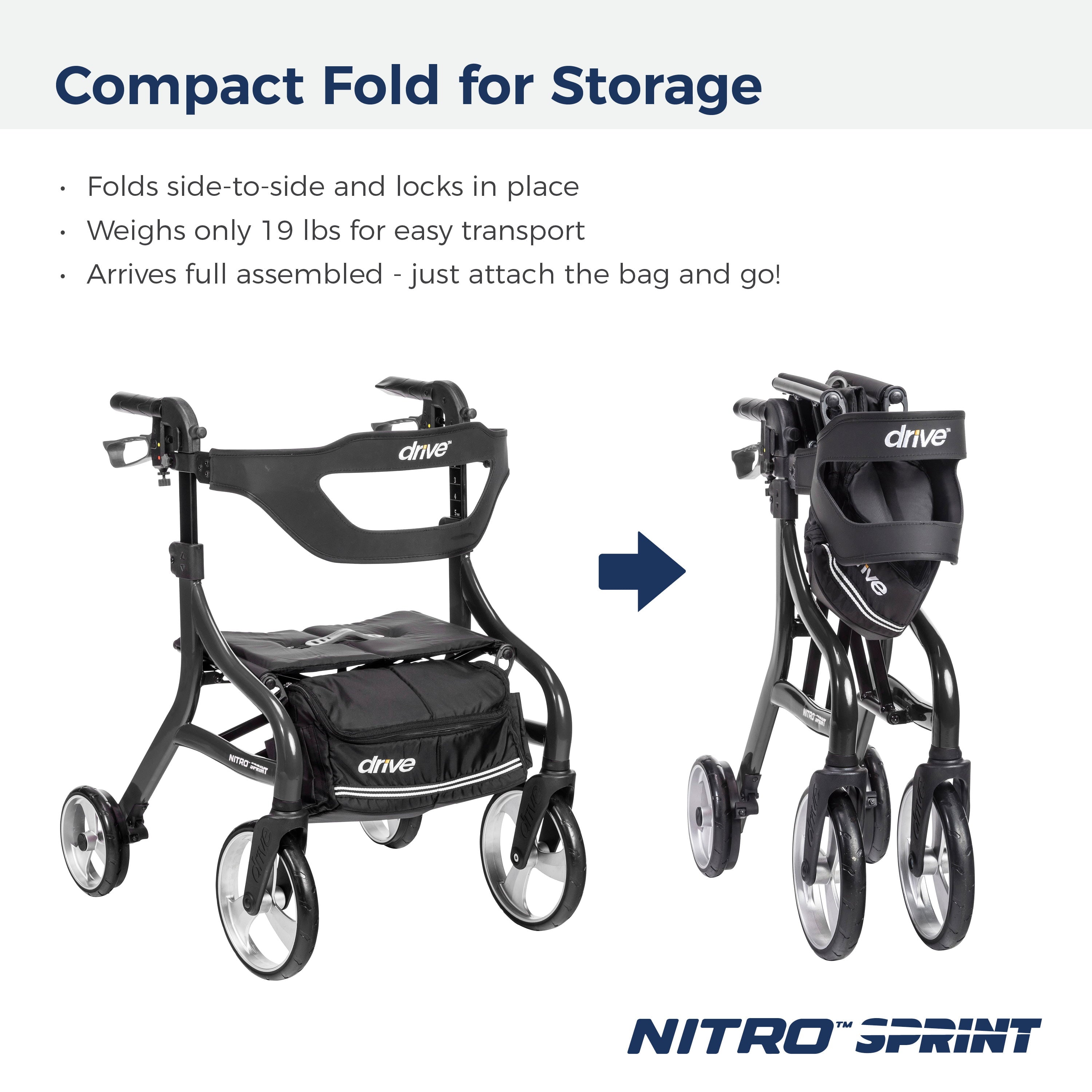 Nitro Sprint Rollator Rolling Walker, Hemi Height, Black