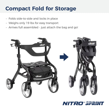 Nitro Sprint Rollator Rolling Walker, Hemi Height, Black