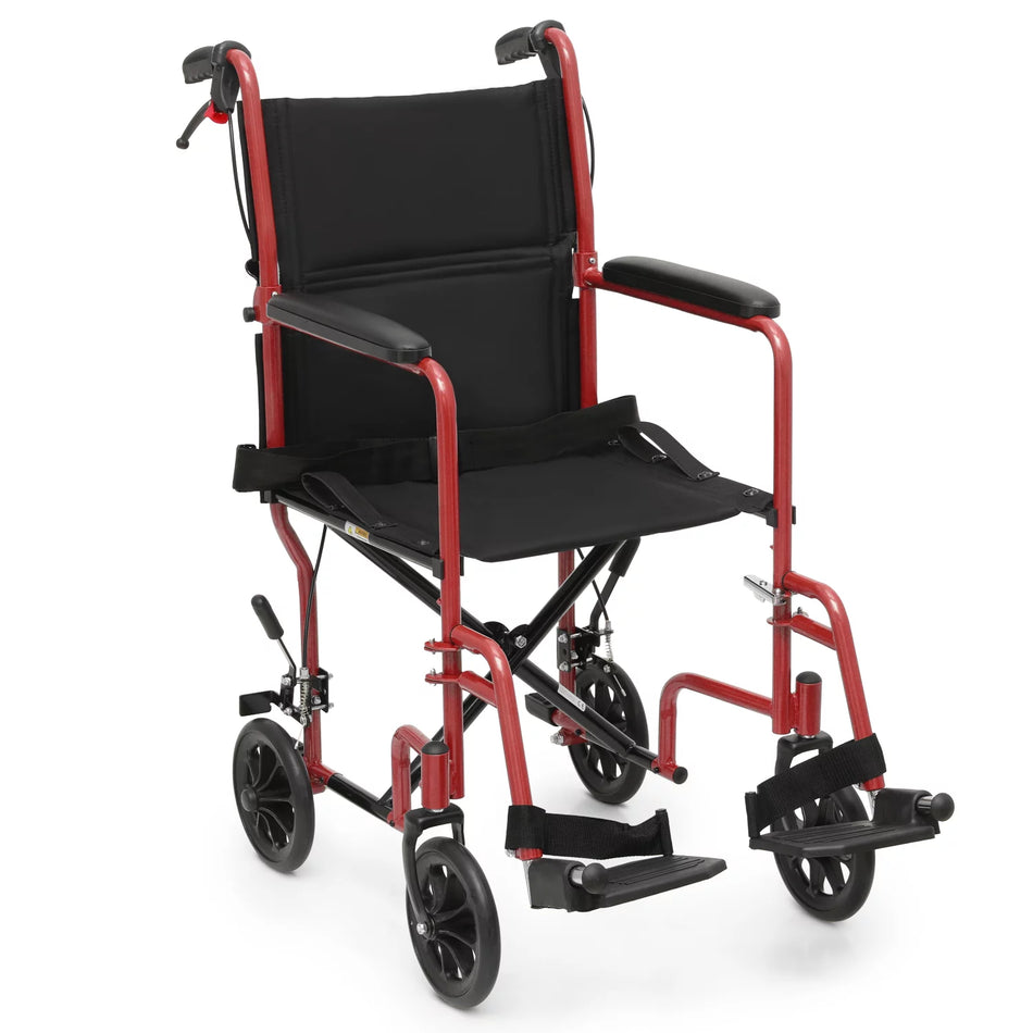 *FDA APPROVED* Transport Wheelchair with Flip Back Backrest & Swing-Away Footrests, Folding Transport Chair with Hand Brake, 250Lbs Weight Capacity, Red