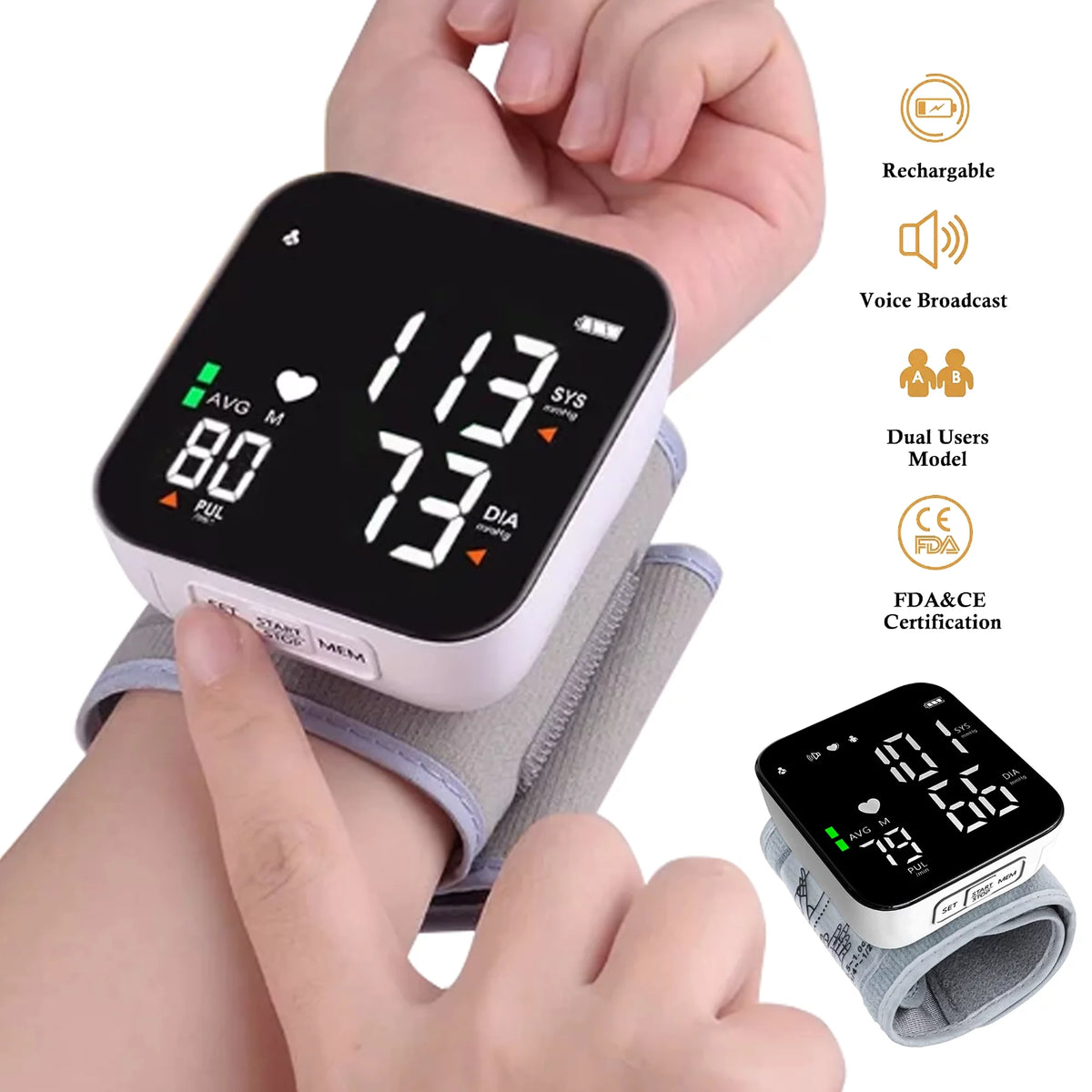 Wrist Blood Pressure Monitors with Adjustable Cuff and Large LCD Display Rechargable BP Monitor Machine for Home Use,White