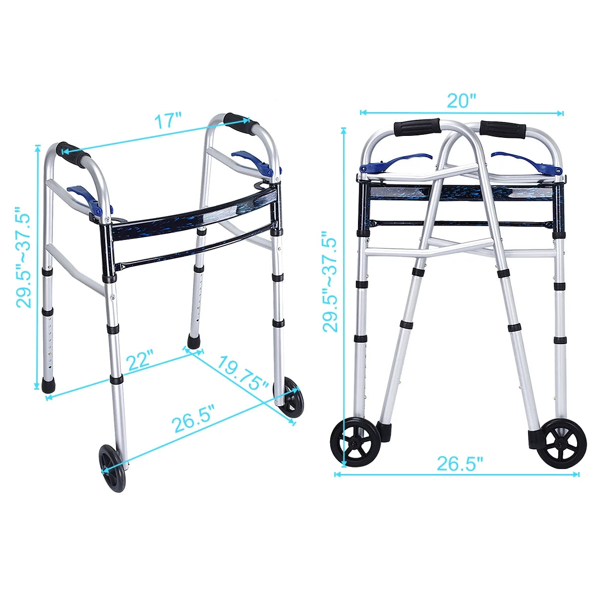 Health Line Massage Products Compact Folding Walker for Seniors, Standard Walker with 5" Wheels and Trigger Release, Mobility Aids Walker Supports up to 350 Lbs (Ski Glides Included)