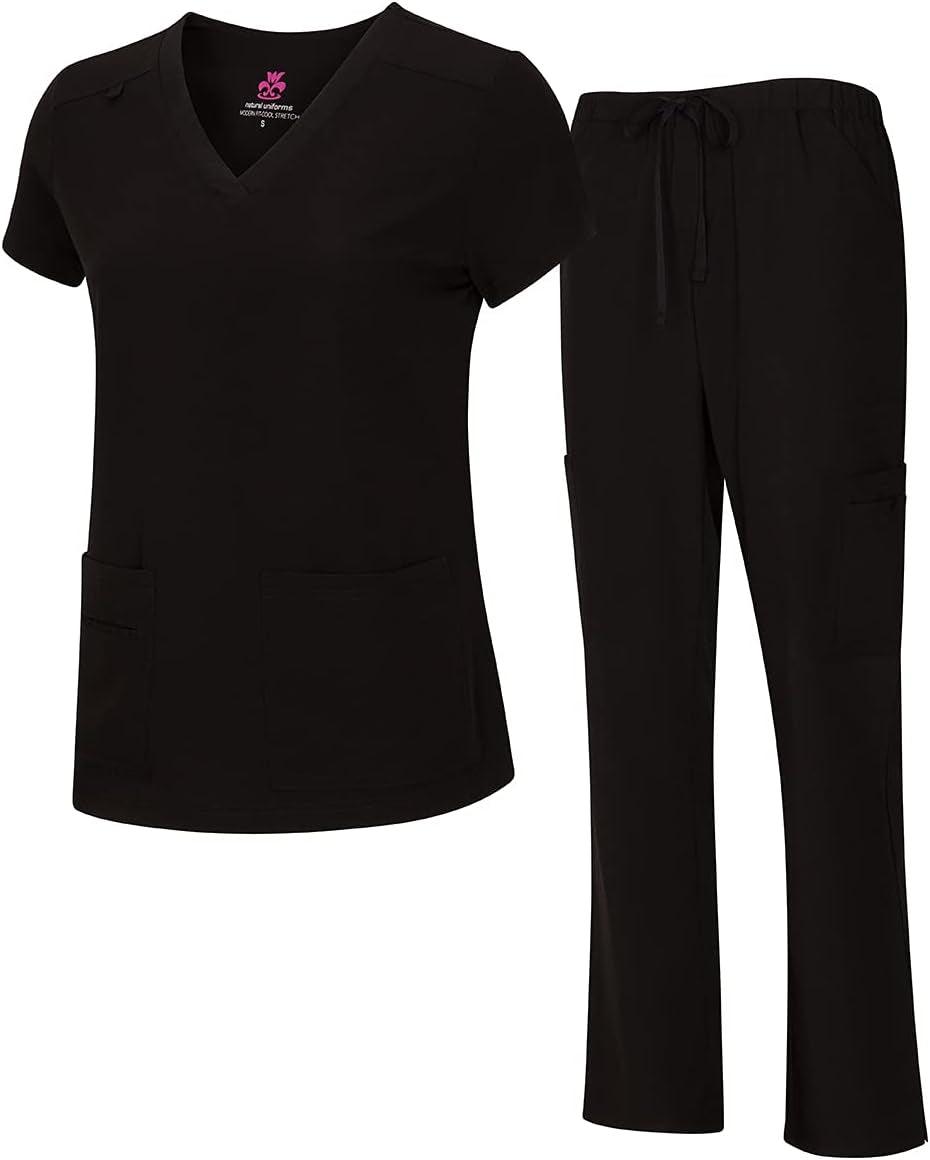 Women'S Cool Stretch V-Neck Top and Cargo Pant Scrub Set with Regular and Petite Sizes