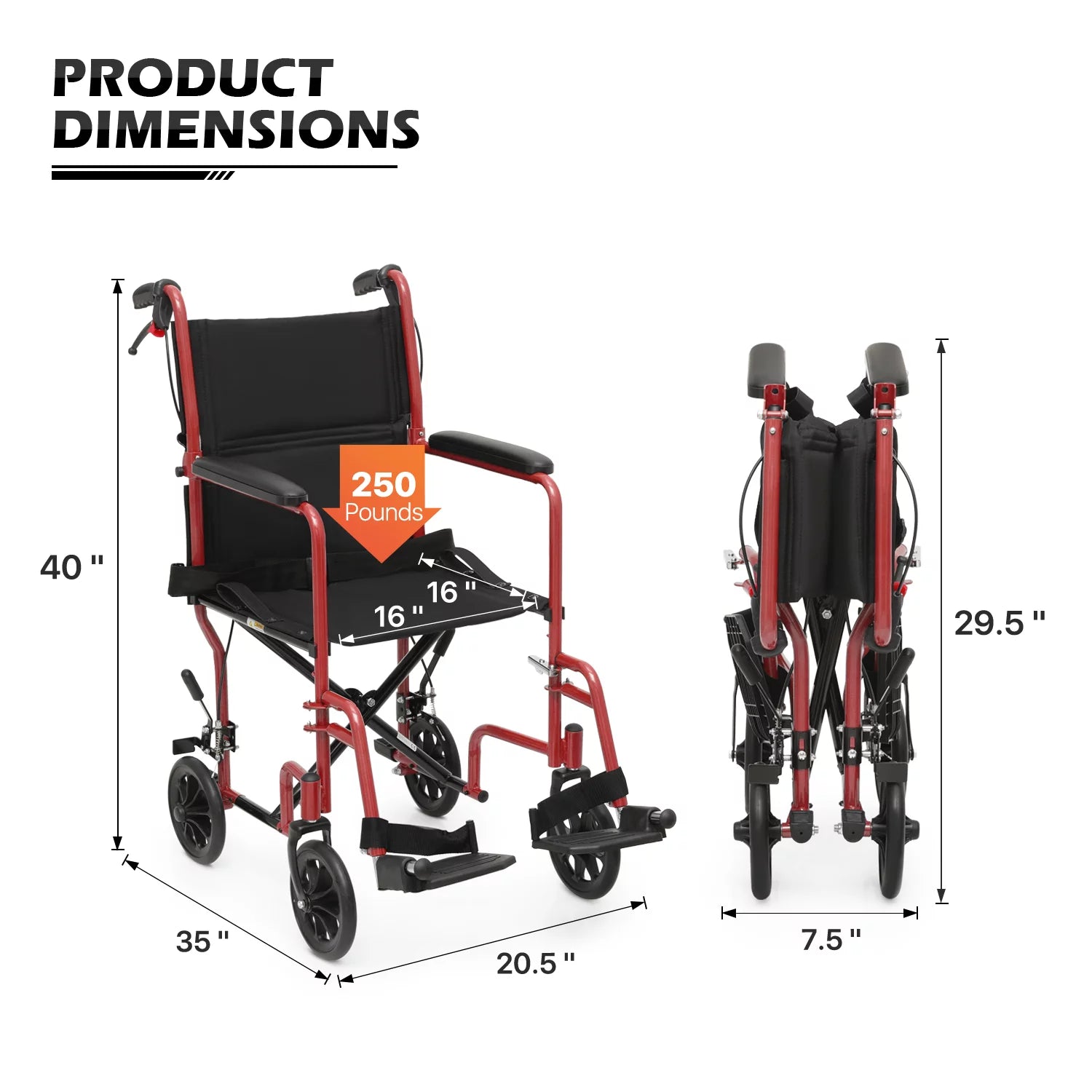 *FDA APPROVED* Transport Wheelchair with Flip Back Backrest & Swing-Away Footrests, Folding Transport Chair with Hand Brake, 250Lbs Weight Capacity, Red