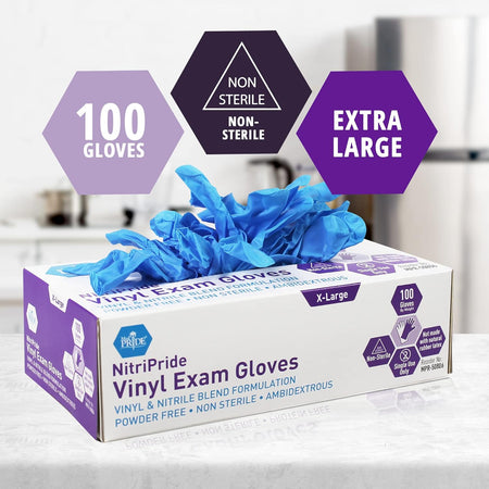 Nitripride Nitrile-Vinyl Blend Exam Gloves, X-Large 100 - Powder Free, Latex Free & Rubber Free - Single Use Non-Sterile Protective Gloves for Medical Use, Cooking, Cleaning & More