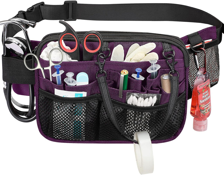 Nurse Fanny Pack with Tape Holder, Multi Compartment Medical Gear Pocket Nursing Organizer Belt Bag, Apron Hip Bag Utility Waist Pack for Stethoscopes Bandage Scissors Medical Supplies (Purple)