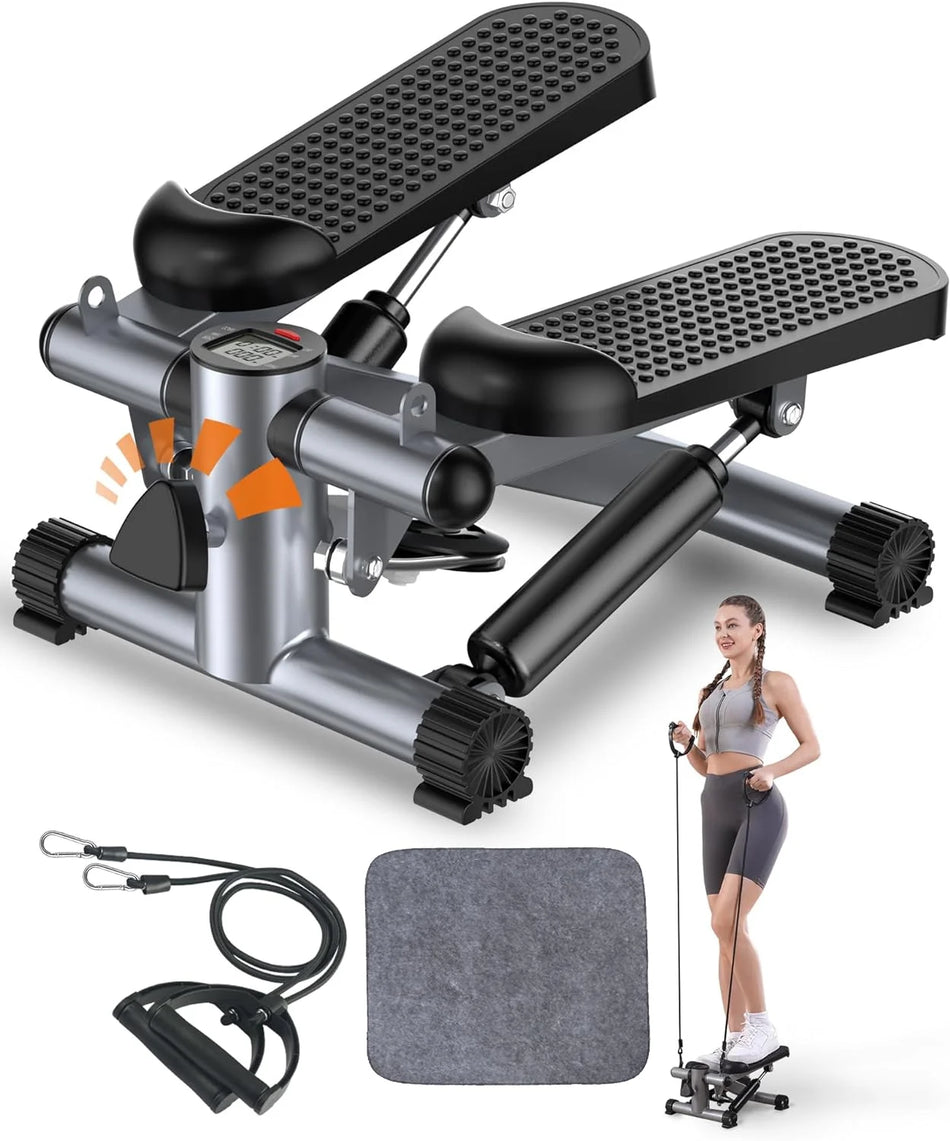 Mini Stepper with LCD, Stepper Stair Exercise Equipment with Resistance Bands& Calories Count,Steppers for Full Body Workout, Grey