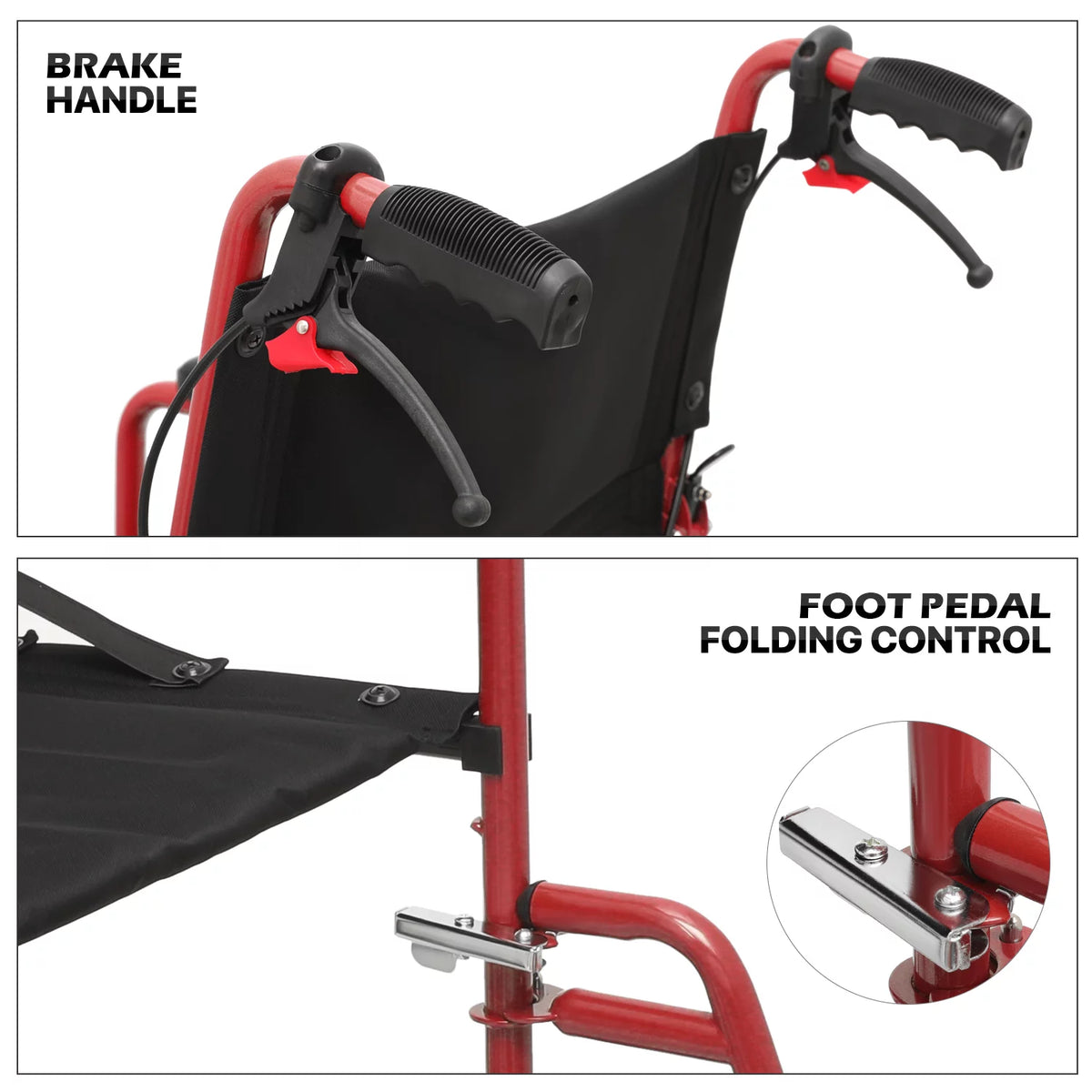 *FDA APPROVED* Transport Wheelchair with Flip Back Backrest & Swing-Away Footrests, Folding Transport Chair with Hand Brake, 250Lbs Weight Capacity, Red