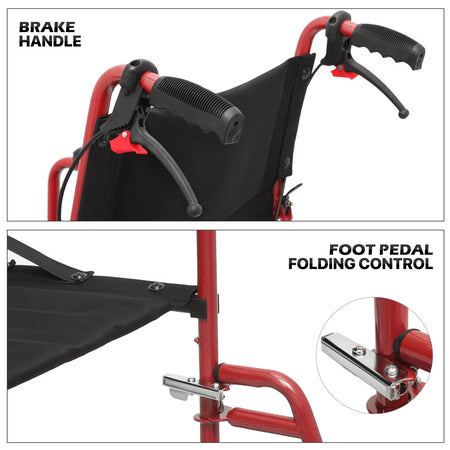 *FDA APPROVED* Transport Wheelchair with Flip Back Backrest & Swing-Away Footrests, Folding Transport Chair with Hand Brake, 250Lbs Weight Capacity, Red