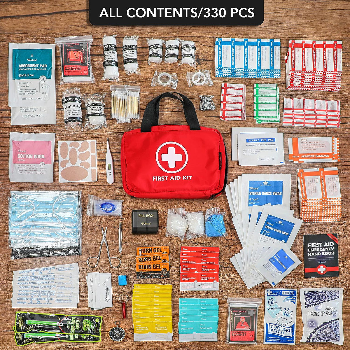 330 Piece First Aid Kit, Premium Waterproof Compact Trauma Medical Kits for Any Emergencies, Ideal for Home, Office, Car, Travel, Outdoor, Camping, Hiking, Boating (Red)