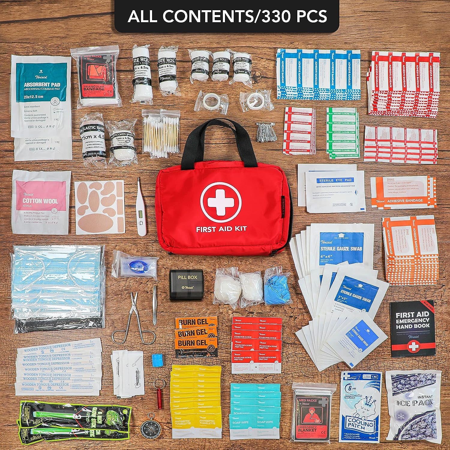 330 Piece First Aid Kit, Premium Waterproof Compact Trauma Medical Kits for Any Emergencies, Ideal for Home, Office, Car, Travel, Outdoor, Camping, Hiking, Boating (Red)