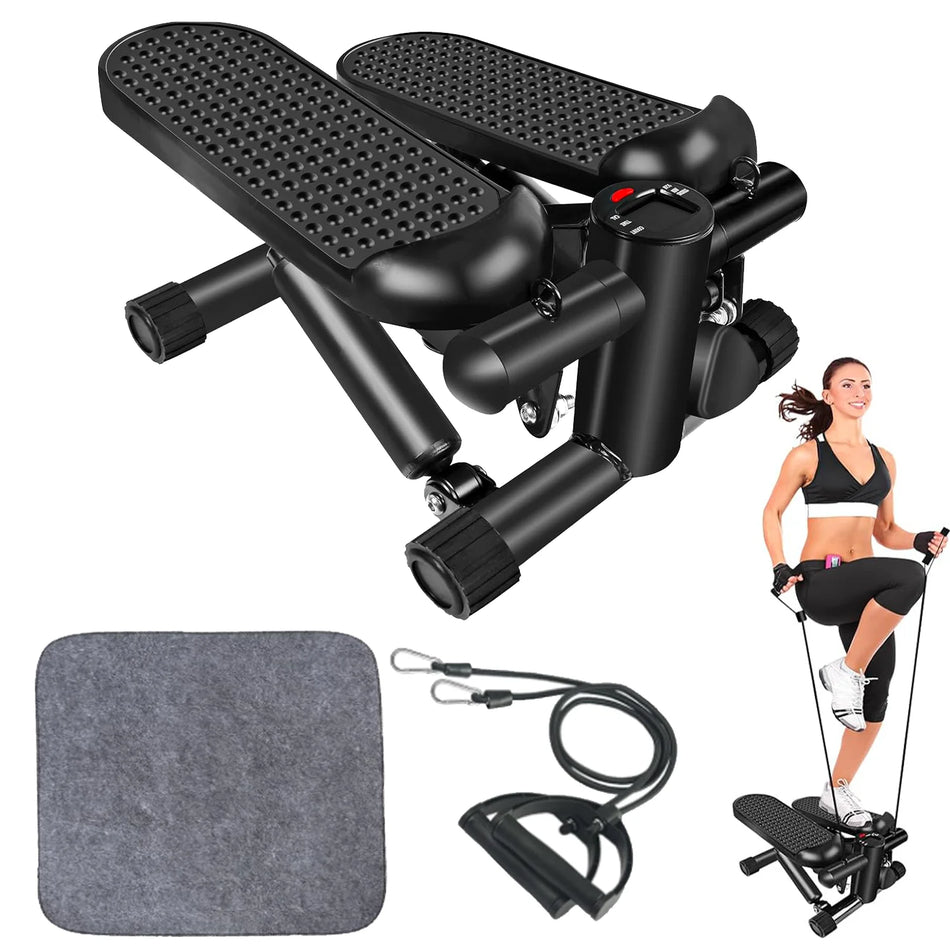 Mini Stepper with LCD, Stepper Stair Exercise Equipment with Resistance Bands& Calories Count,Steppers for Full Body Workout, Black