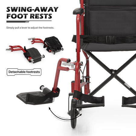 *FDA APPROVED* Transport Wheelchair with Flip Back Backrest & Swing-Away Footrests, Folding Transport Chair with Hand Brake, 250Lbs Weight Capacity, Red