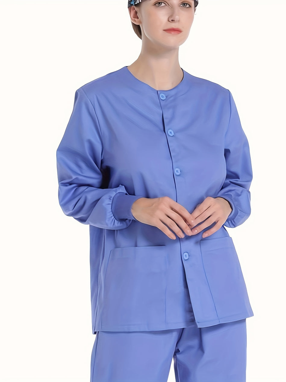 Solid Button Down Scrubs Top, Functional Patched Pockets Long Sleeve Health Care Uniform, Women's Clothing