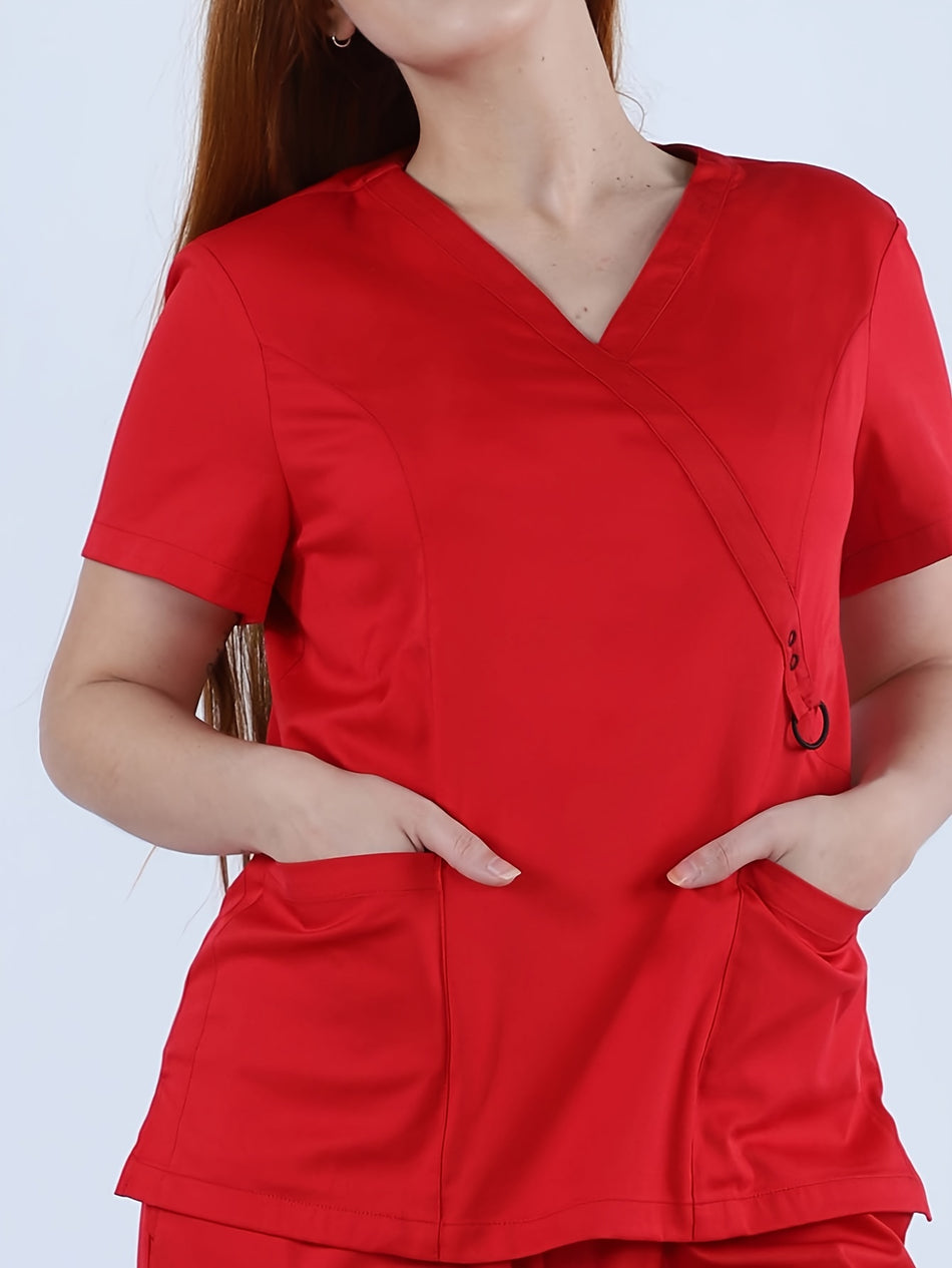 Solid Work Two-piece Set, V Neck Short Sleeve Pocket Front Tops & Long Length Pants Outfits For Nurse,