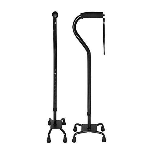 RMS Quad Cane - Adjustable Walking Cane with 4-Pronged Base for Extra Stability - Foam Padded Offset Handle for Soft Grip - Works for Right or Left Handed Men or Women (Black)