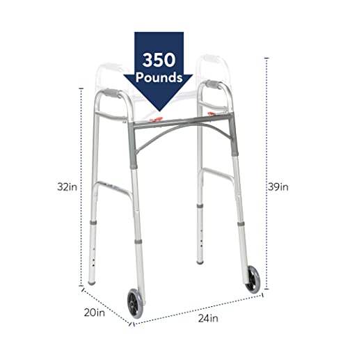 Drive Medical 10210-1 2-Button Folding Walker with Wheels, Rolling Walker, Front Wheel Walker, Lightweight Walkers for Seniors and Adults Weighing Up To 350 Pounds, Adjustable Height, Silver