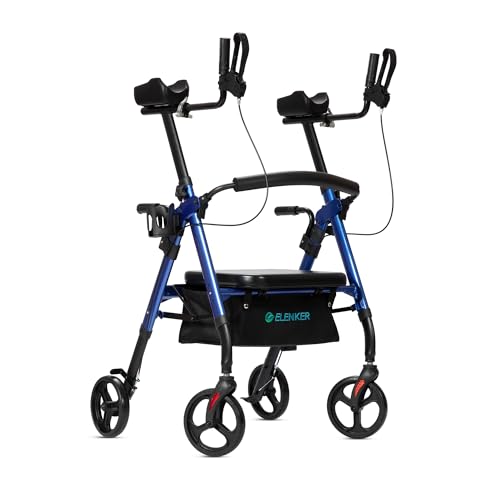 ELENKER Heavy Duty Upright Rollator Walker with Extra Wide Padded Seat and Backrest, Bariatric Stand Up Rolling Walker, Fully Adjustment Frame for Seniors, Blue