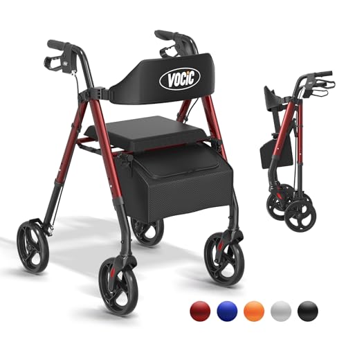 Walkers for Seniors with Seat, VOCIC Lightweight Iron-Aluminum Combination Rollator with Seat for Seniors,Folding Walker with 8" Wheels