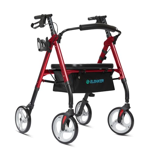ELENKER Heavy Duty Rollator Walker with Extra Wide Padded Seat and Backrest, Bariatric Rolling Walker, 10” Wheels, Fully Adjustment Frame for Seniors, Red